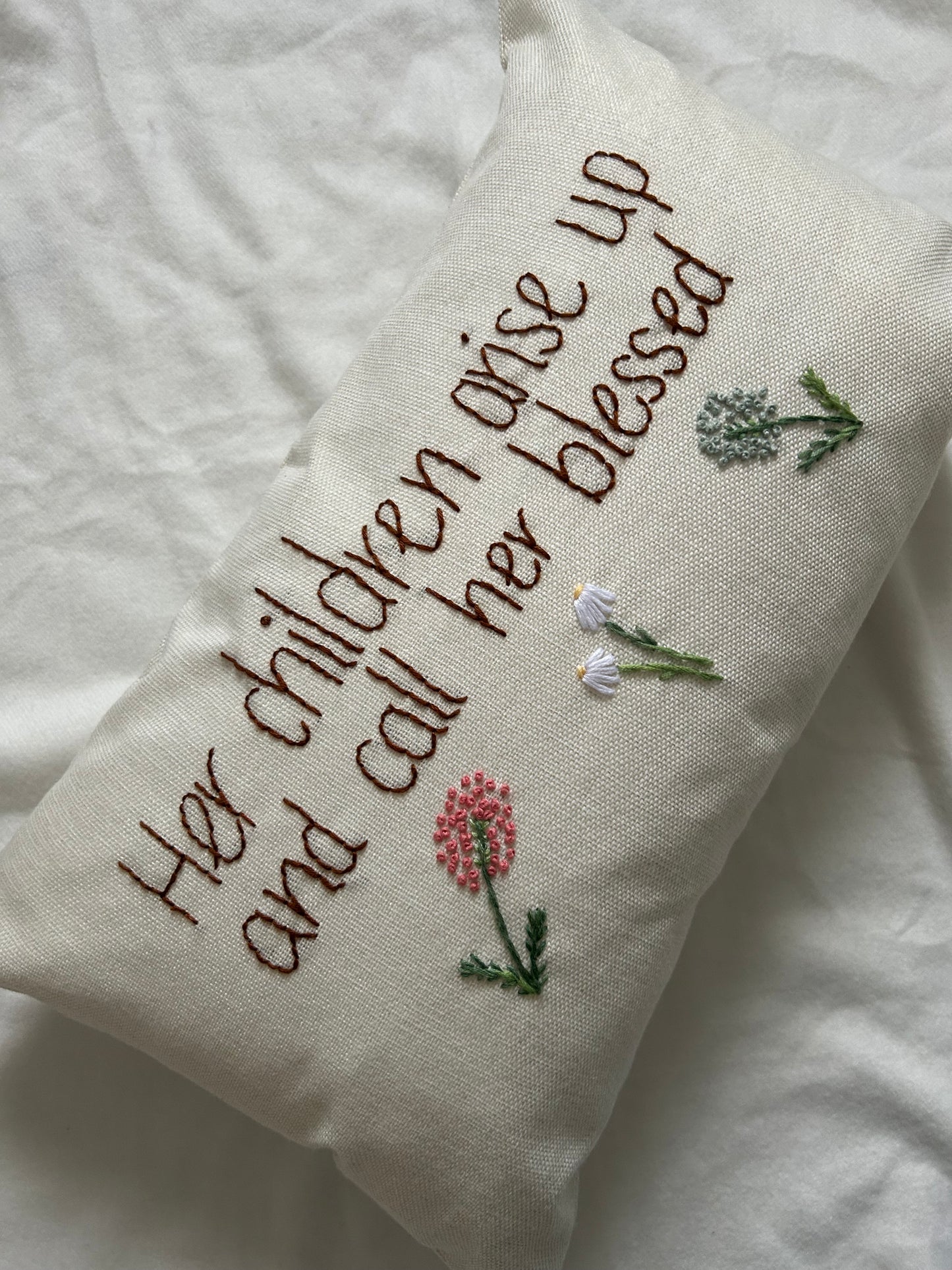 ‘Her children arise up’ embroidered cushion