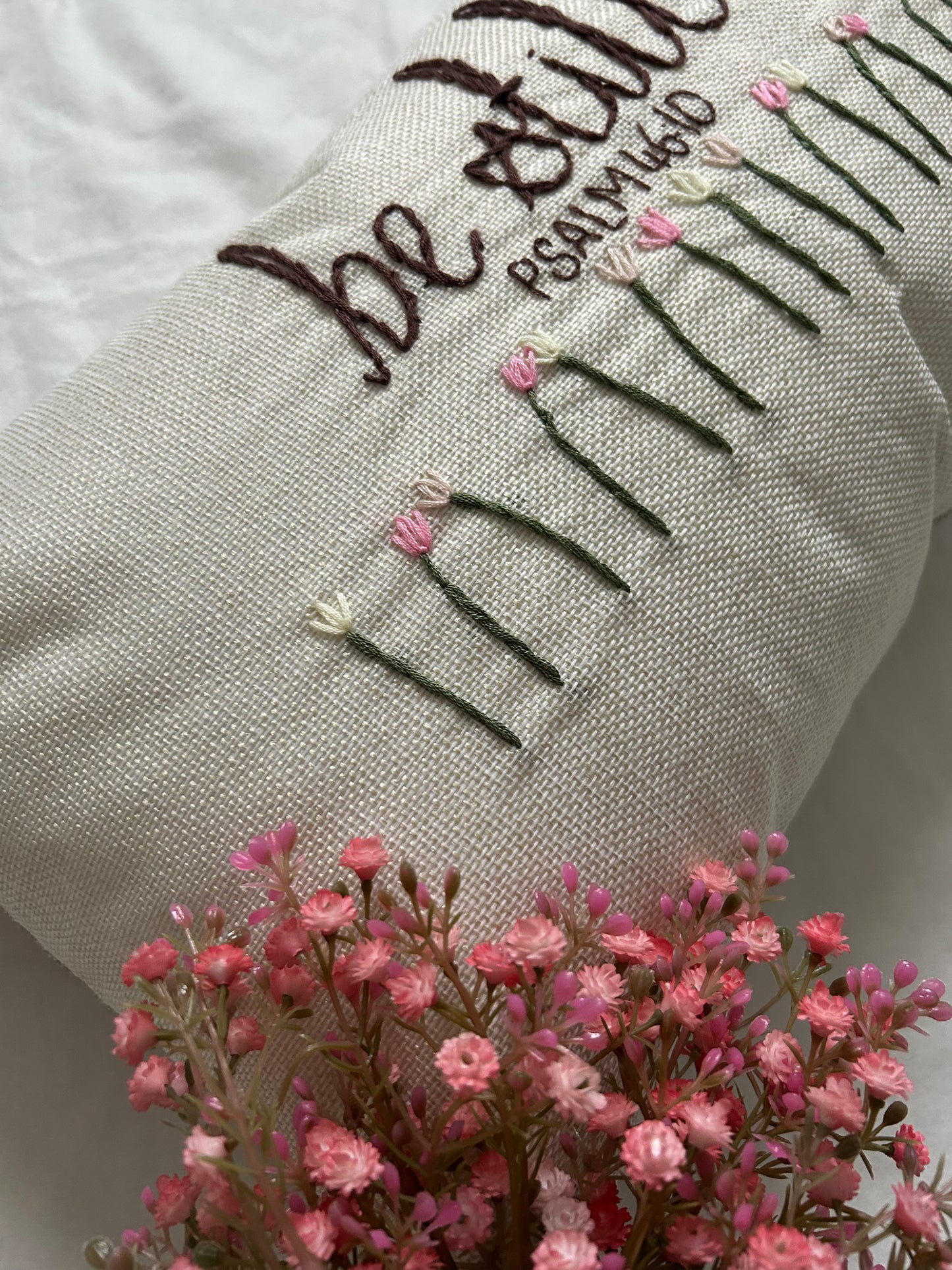 ‘Be still’ embroidered cushion
