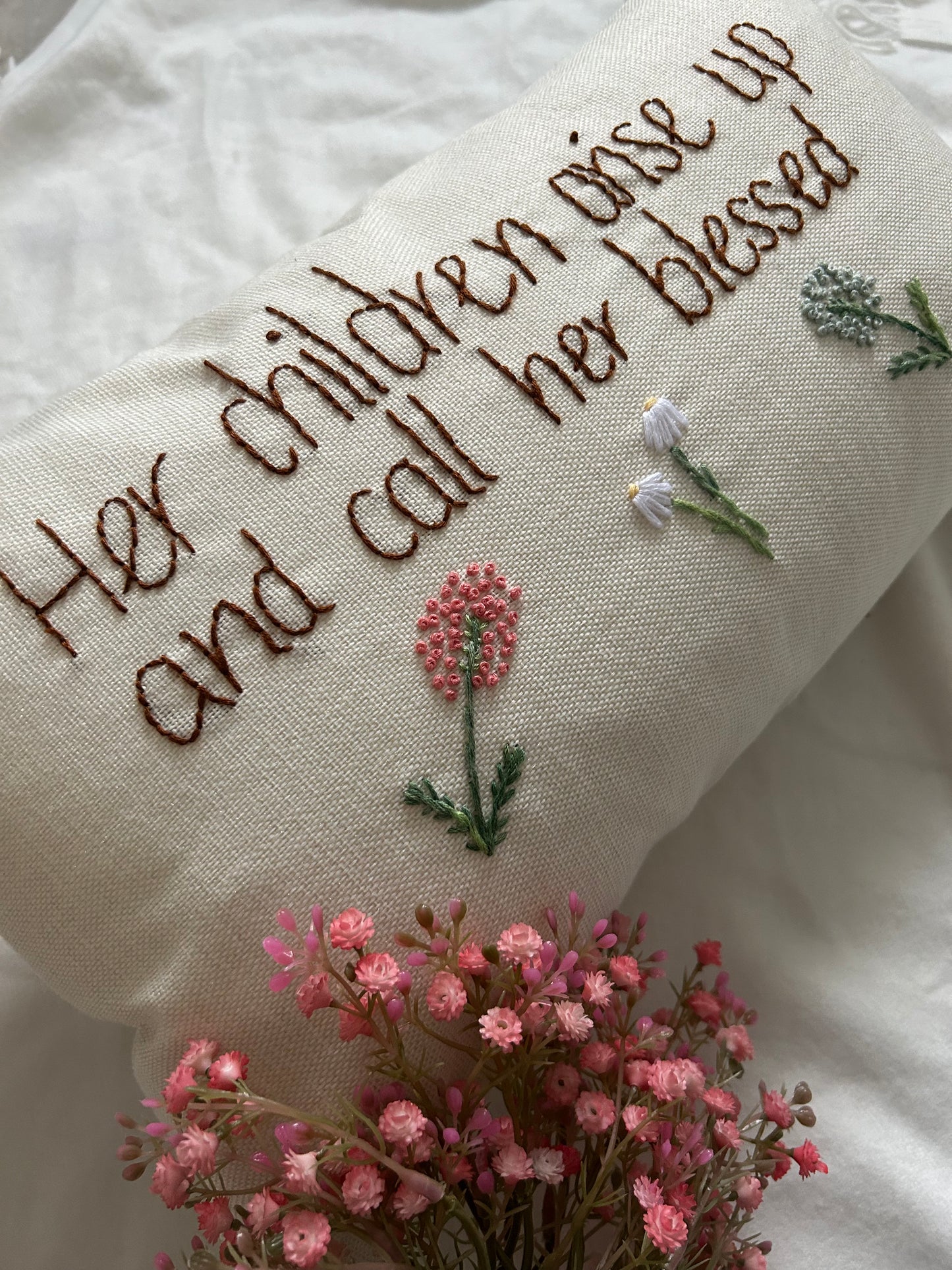 ‘Her children arise up’ embroidered cushion